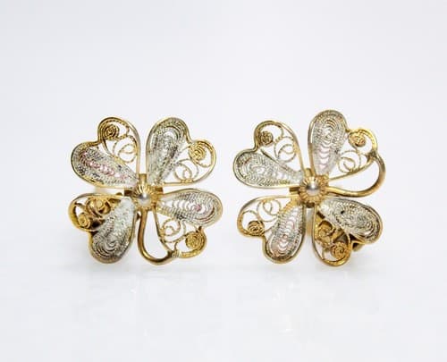 Vintage 800 European Silver Two Tone Filigree Floral Motif Clip-On Earrings - Thumbnail 3