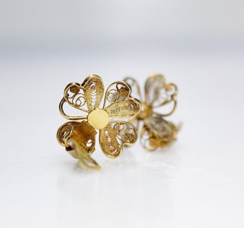Vintage 800 European Silver Two Tone Filigree Floral Motif Clip-On Earrings - Thumbnail 6
