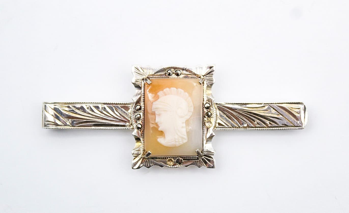 Vintage 800 European Silver Cameo Shell Soldier Etched Marcasite Tie Bar Clip - Thumbnail 8