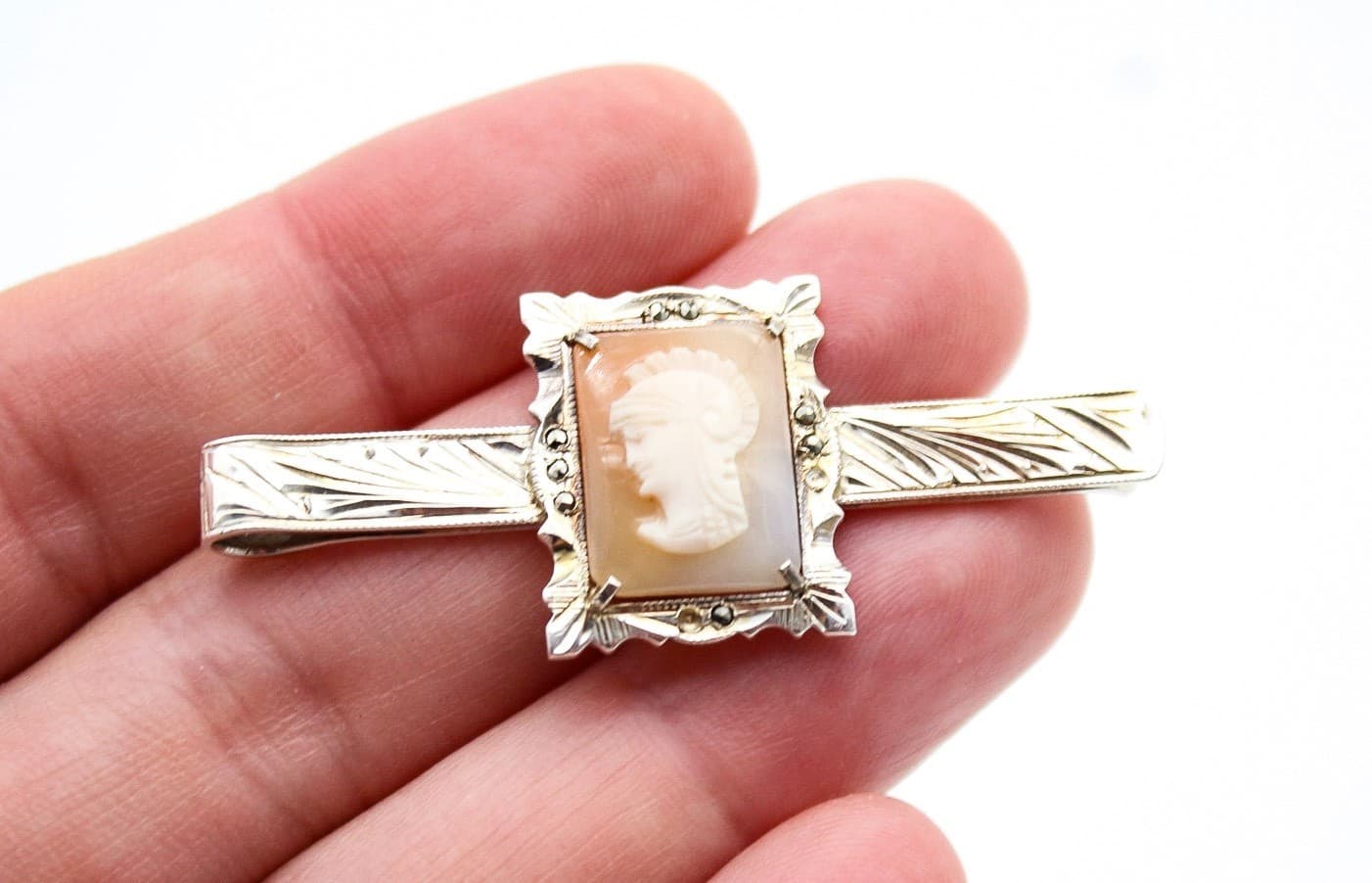 Vintage 800 European Silver Cameo Shell Soldier Etched Marcasite Tie Bar Clip - Thumbnail 2