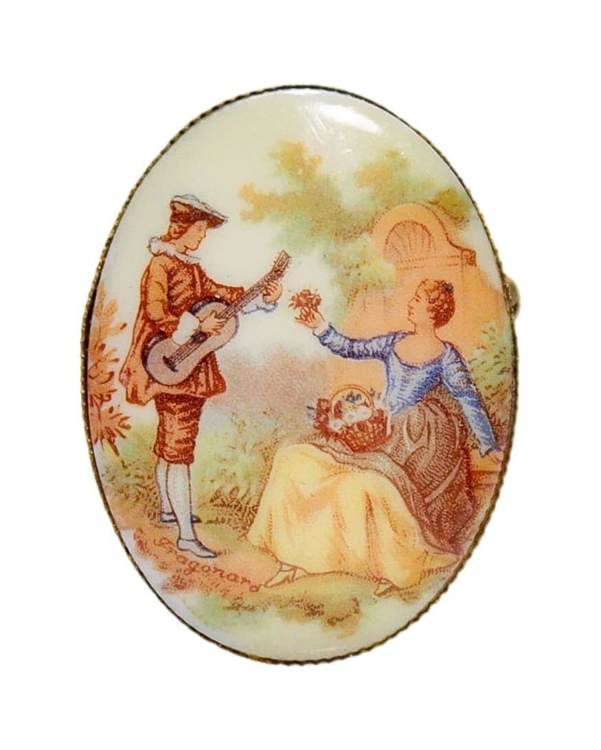 Vintage Courting Couple Signed French Porcelain Pin Brooch - Image 1