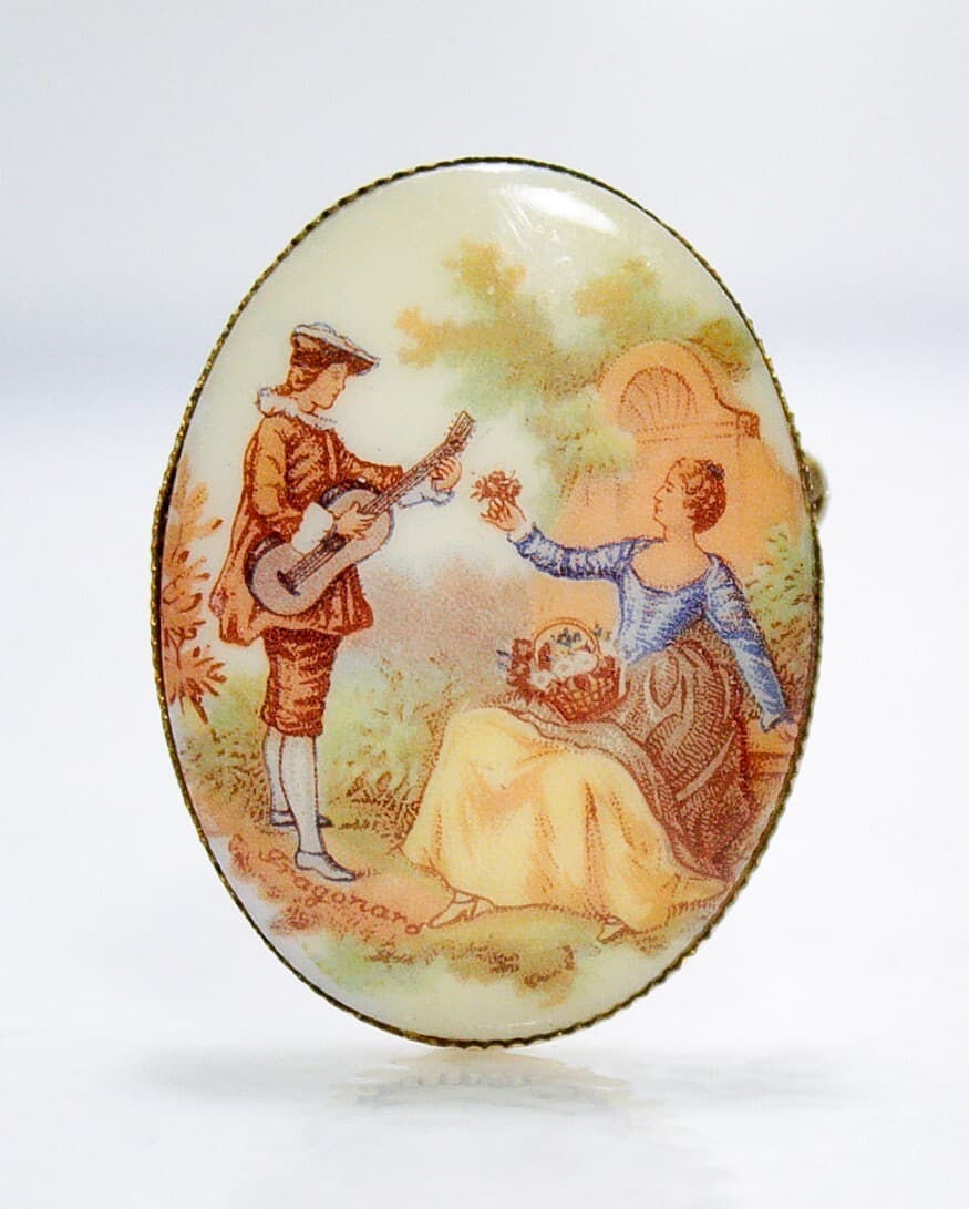 Vintage Courting Couple Signed French Porcelain Pin Brooch - Thumbnail 4