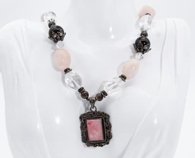 Vintage Sterling Silver 925 Natural Rose Quartz Beaded Statement Necklace - Thumbnail 4