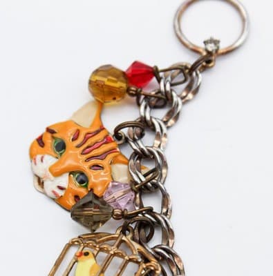 LUNCH AT THE RITZ Enamel Multi Charm Cats Mouse and Bird in Gilt Cage Bracelet - Thumbnail 3