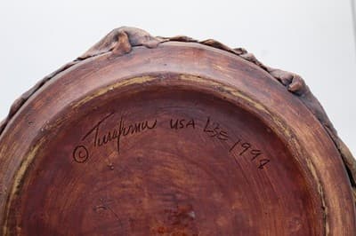Vintage 1998 Terrafirma Pottery Signed Green Leaf Motif Large Covered Bowl RARE - Thumbnail 4