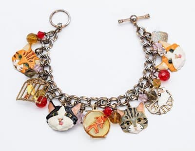 LUNCH AT THE RITZ Enamel Multi Charm Cats Mouse and Bird in Gilt Cage Bracelet - Thumbnail 9
