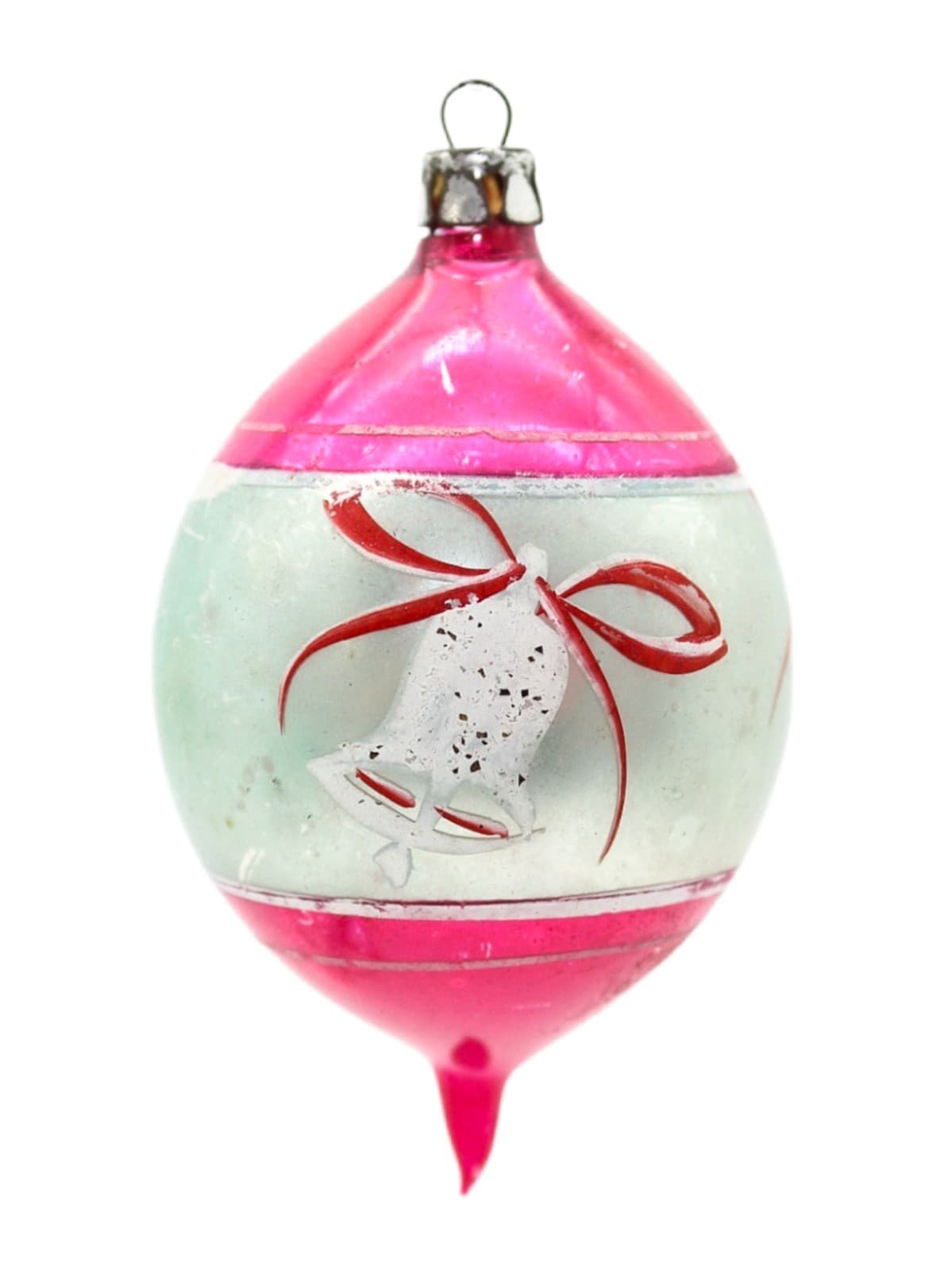 Poland Hand Painted Teardrop Silver Pink Mica Bell Glass Christmas Ornament - Image 1
