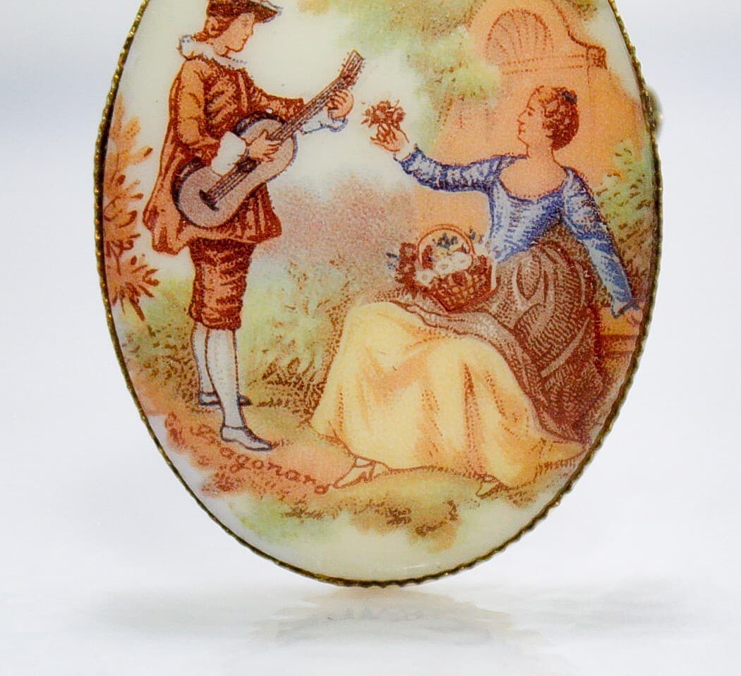 Vintage Courting Couple Signed French Porcelain Pin Brooch - Thumbnail 3
