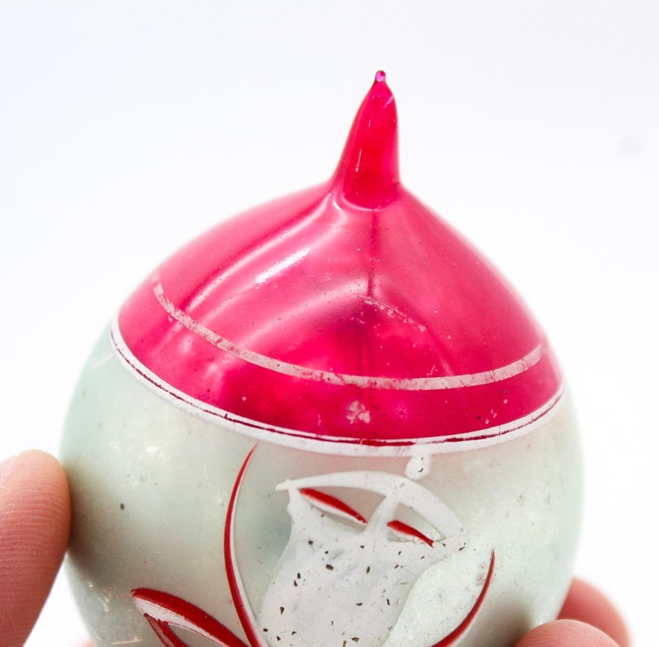 Poland Hand Painted Teardrop Silver Pink Mica Bell Glass Christmas Ornament - Thumbnail 3