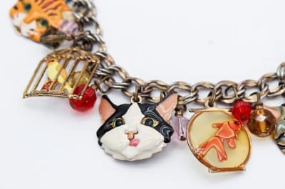 LUNCH AT THE RITZ Enamel Multi Charm Cats Mouse and Bird in Gilt Cage Bracelet - Thumbnail 8