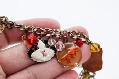 LUNCH AT THE RITZ Enamel Multi Charm Cats Mouse and Bird in Gilt Cage Bracelet - Thumbnail 5