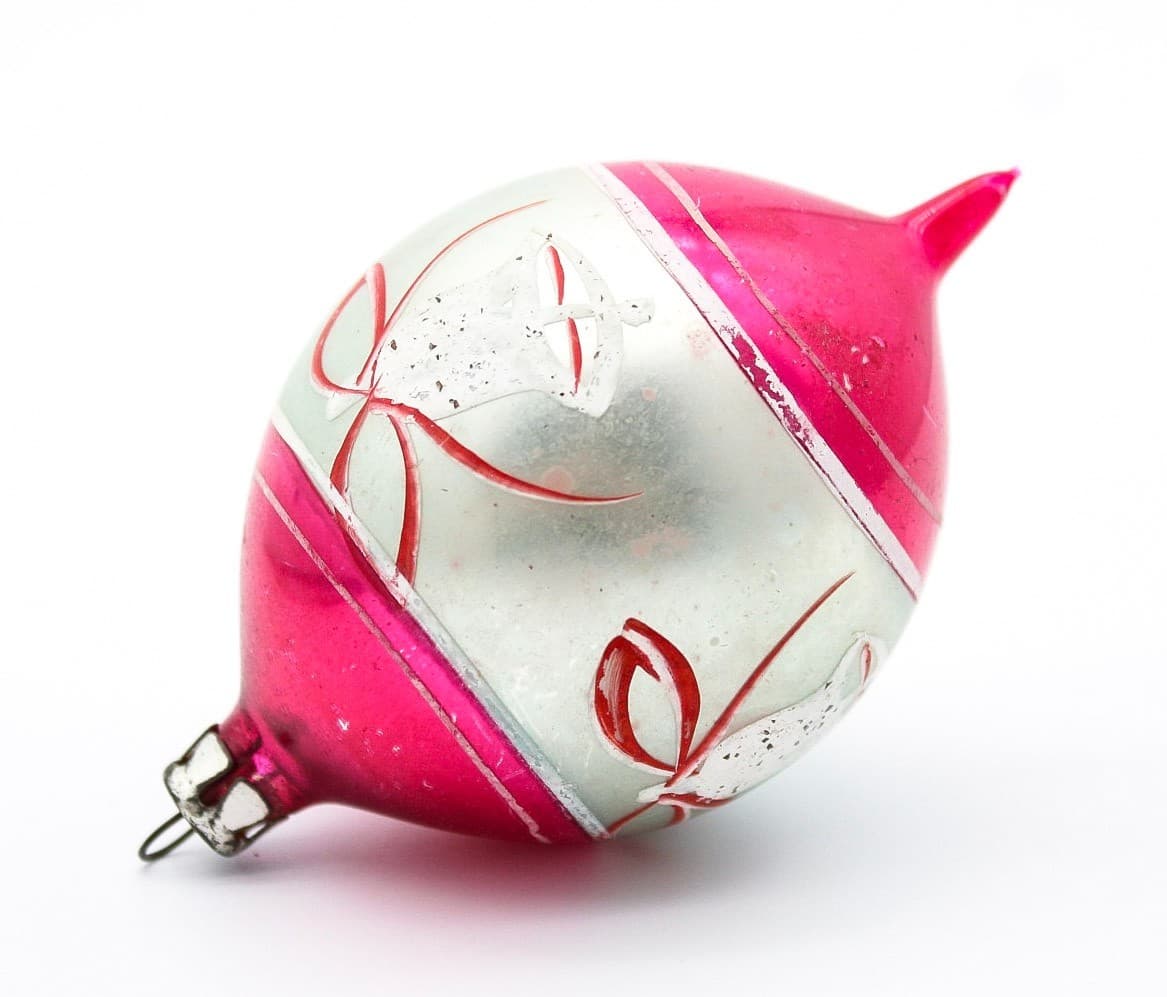 Poland Hand Painted Teardrop Silver Pink Mica Bell Glass Christmas Ornament - Thumbnail 2