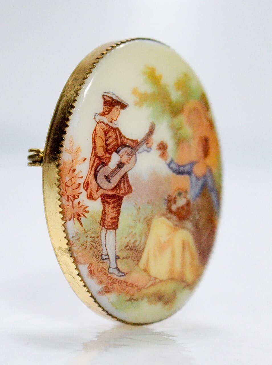 Vintage Courting Couple Signed French Porcelain Pin Brooch - Thumbnail 2