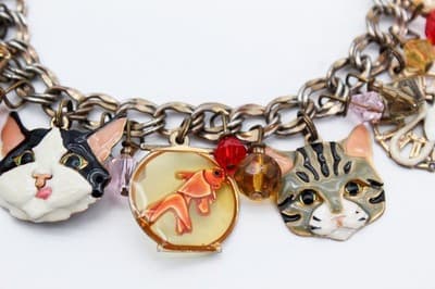 LUNCH AT THE RITZ Enamel Multi Charm Cats Mouse and Bird in Gilt Cage Bracelet - Thumbnail 7