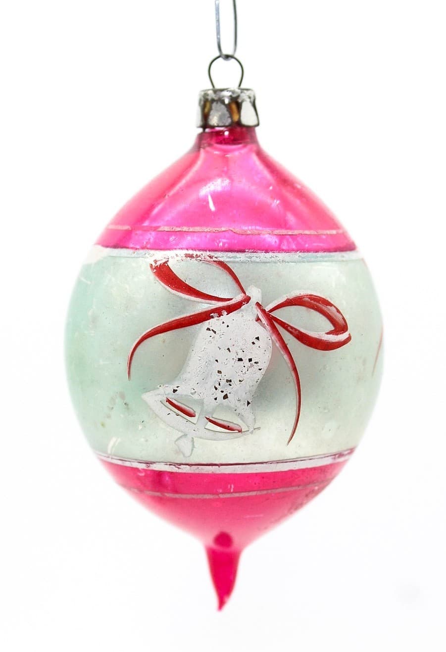 Poland Hand Painted Teardrop Silver Pink Mica Bell Glass Christmas Ornament - Thumbnail 8
