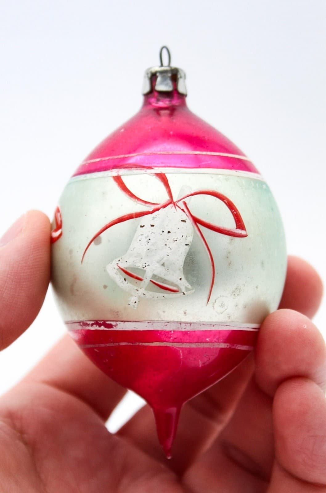 Poland Hand Painted Teardrop Silver Pink Mica Bell Glass Christmas Ornament - Thumbnail 6