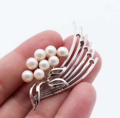 Vintage Sterling Silver 925 Natural Freshwater Pearls Floral Bouquet Pin Brooch - Thumbnail 3