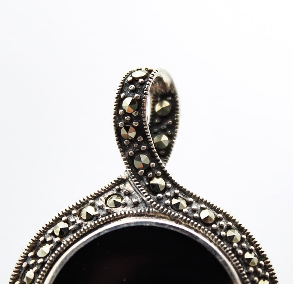 Vintage Sterling Silver 925 Marcasite & Natural Onyx Art Deco Style Pendant 2" - Thumbnail 5