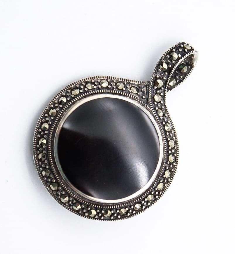 Vintage Sterling Silver 925 Marcasite & Natural Onyx Art Deco Style Pendant 2" - Thumbnail 7