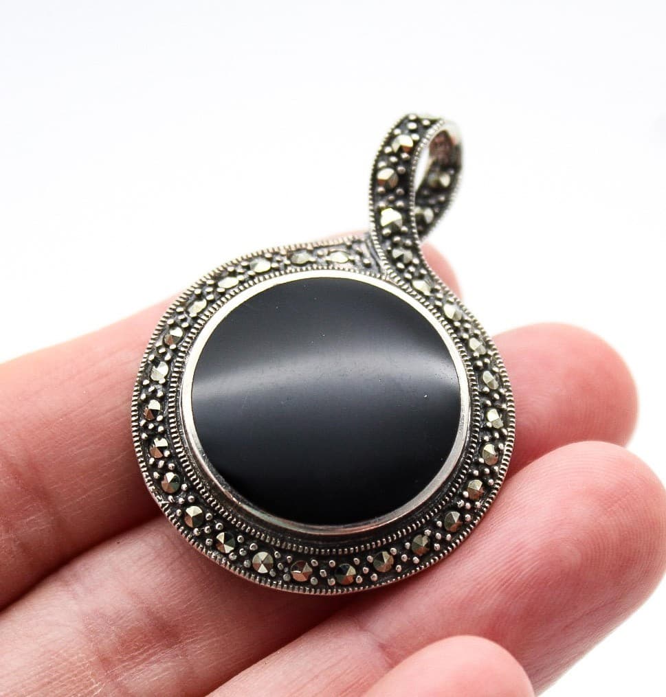 Vintage Sterling Silver 925 Marcasite & Natural Onyx Art Deco Style Pendant 2" - Thumbnail 2