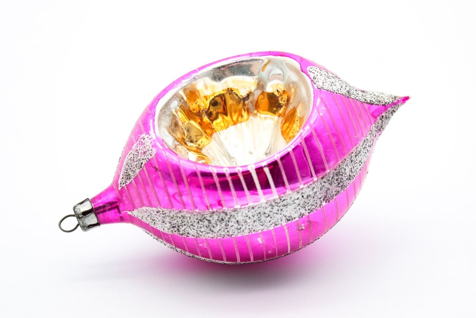 Vintage Poland Reflector Mica Pink Silver Teardrop Glass Christmas Ornament 4" - Thumbnail 2
