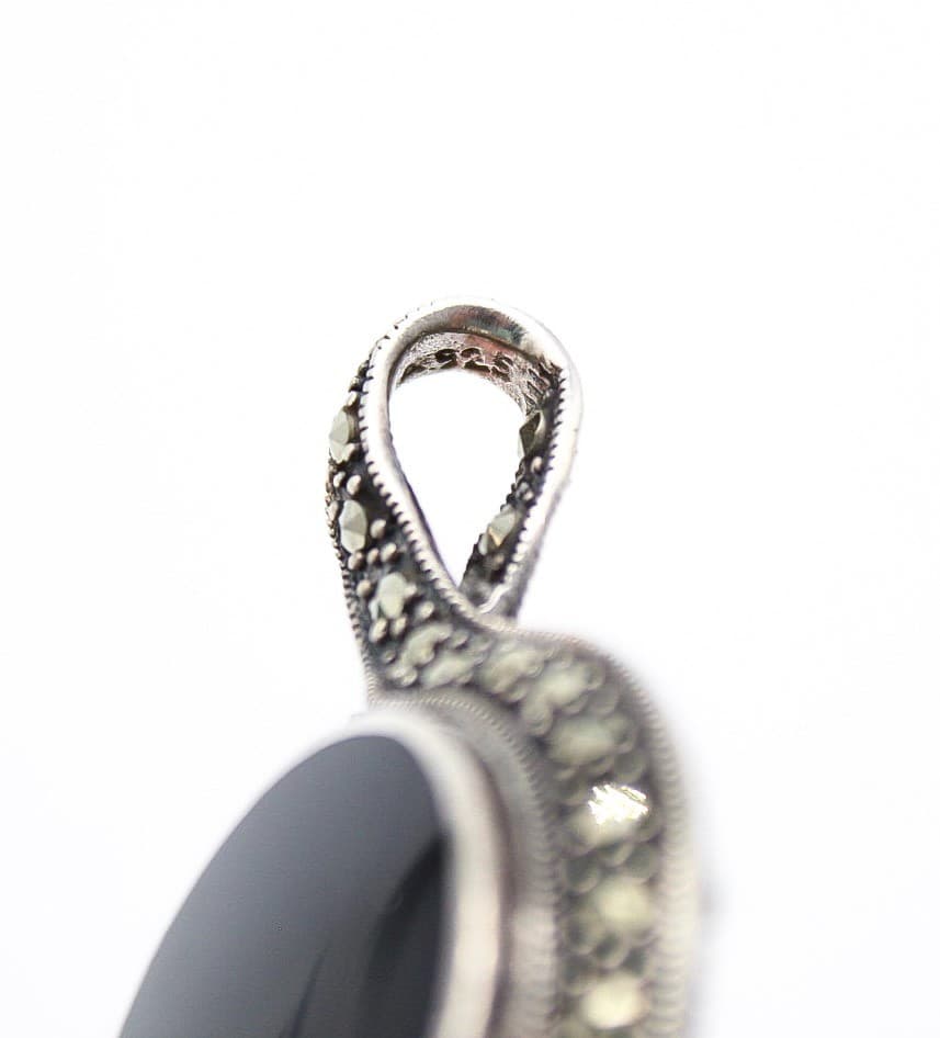 Vintage Sterling Silver 925 Marcasite & Natural Onyx Art Deco Style Pendant 2" - Thumbnail 4