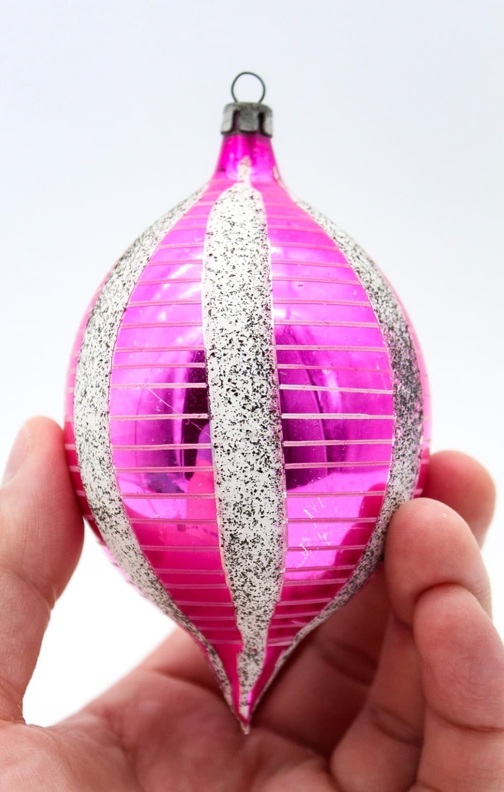 Vintage Poland Reflector Mica Pink Silver Teardrop Glass Christmas Ornament 4" - Thumbnail 3