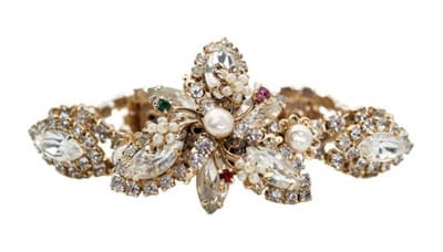 Vintage Gold Tone Multicolor Rhintestone Faux Seed Pearl Floral Bracelet - Image 1