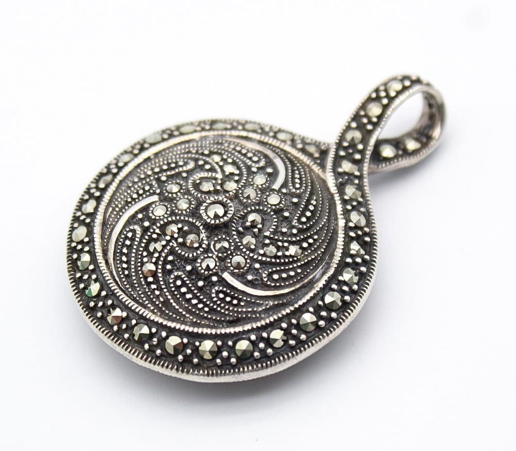 Vintage Sterling Silver 925 Marcasite & Natural Onyx Art Deco Style Pendant 2" - Thumbnail 3