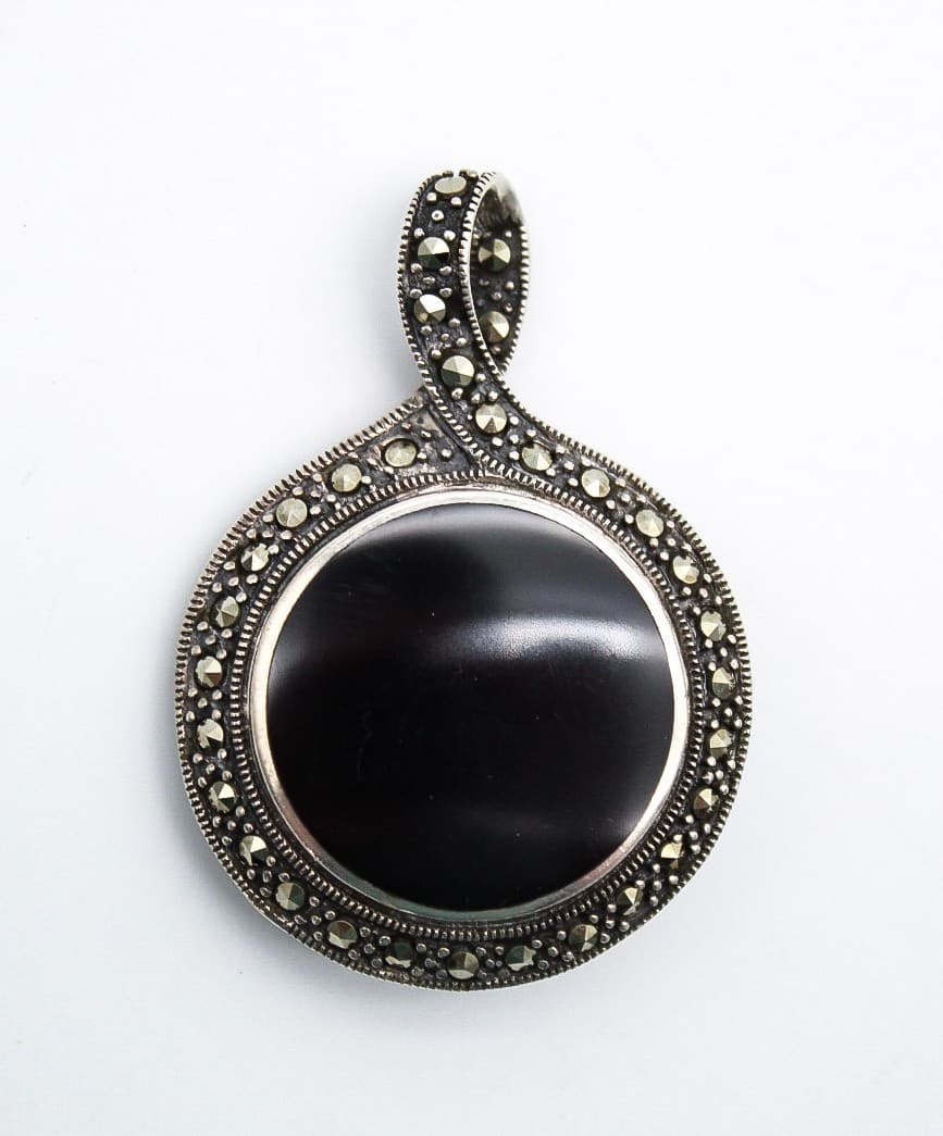 Vintage Sterling Silver 925 Marcasite & Natural Onyx Art Deco Style Pendant 2" - Thumbnail 6