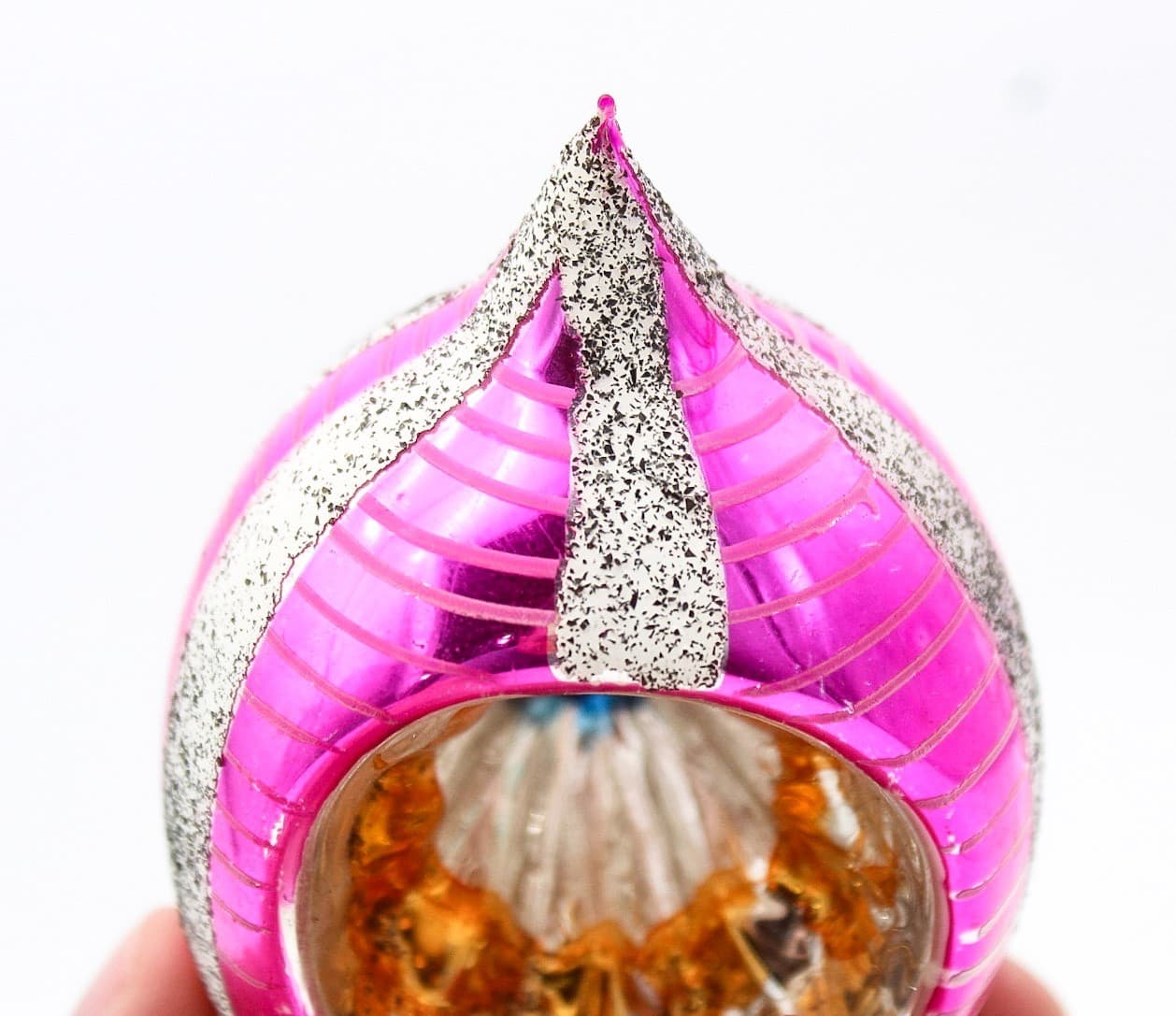 Vintage Poland Reflector Mica Pink Silver Teardrop Glass Christmas Ornament 4" - Thumbnail 4