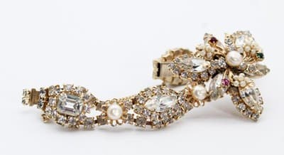 Vintage Gold Tone Multicolor Rhintestone Faux Seed Pearl Floral Bracelet - Thumbnail 6