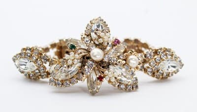 Vintage Gold Tone Multicolor Rhintestone Faux Seed Pearl Floral Bracelet - Thumbnail 11