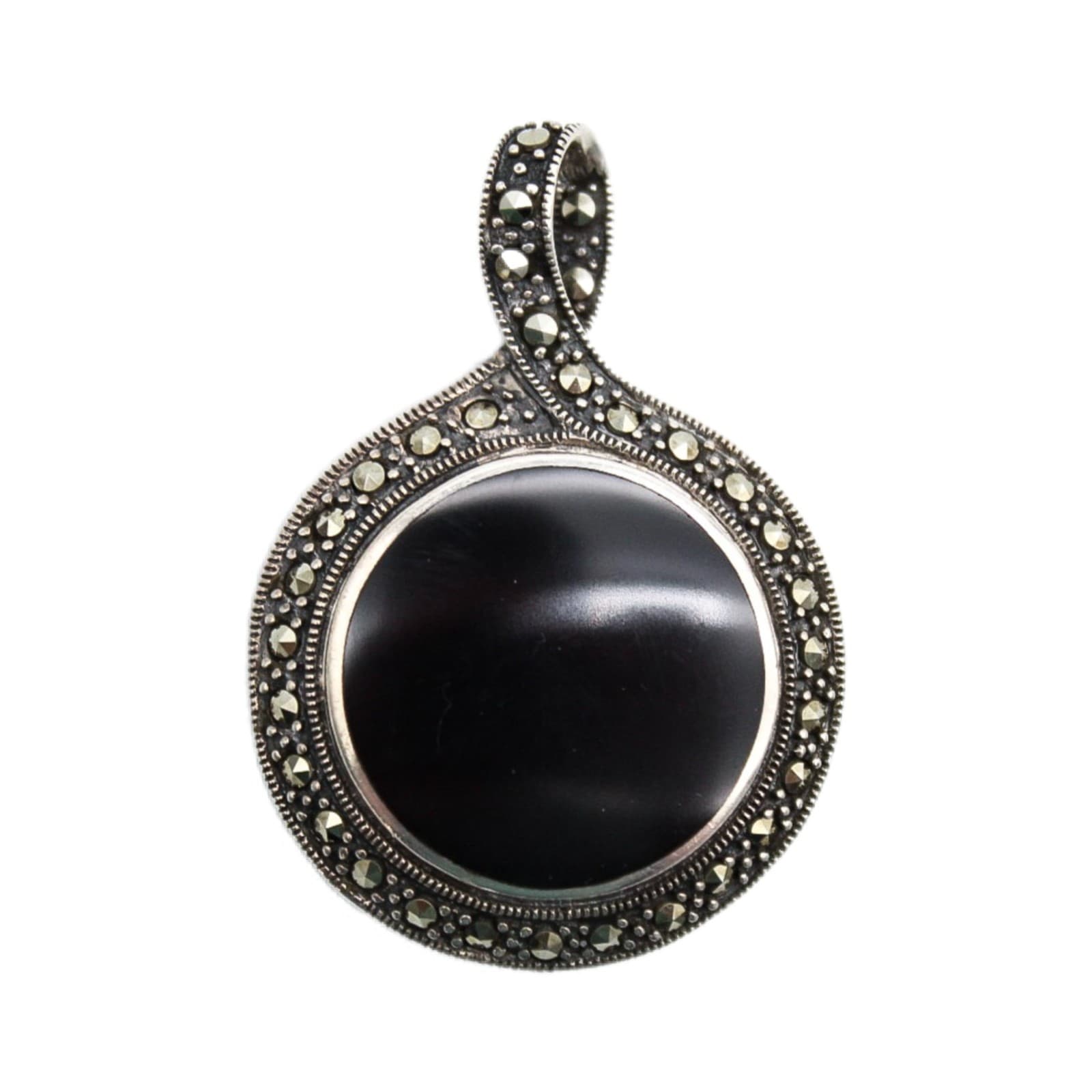 Vintage Sterling Silver 925 Marcasite & Natural Onyx Art Deco Style Pendant 2" - Image 1