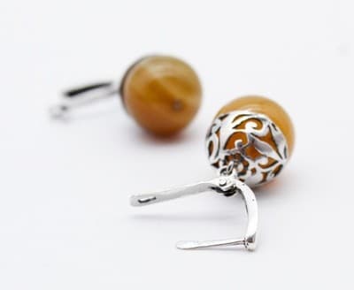 Vintage Sterling Silver Natural Gobi Eye Agate Drop Drangle Latch Clip Earrings - Thumbnail 5