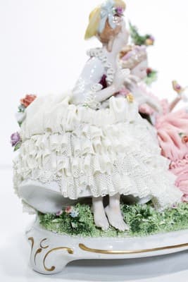 Antique Unter Weiss Bach Large Dresden Laced Hand Painted Sisters Figure - Thumbnail 8