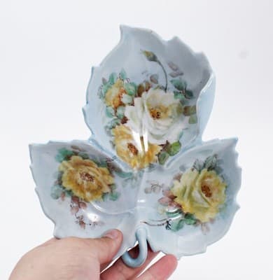 Antique Hand Painted Floral Handled Trinket Serving Dish Three Part - Thumbnail 2