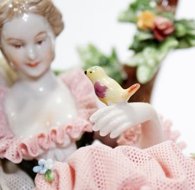 Antique Unter Weiss Bach Large Dresden Laced Hand Painted Sisters Figure - Thumbnail 4