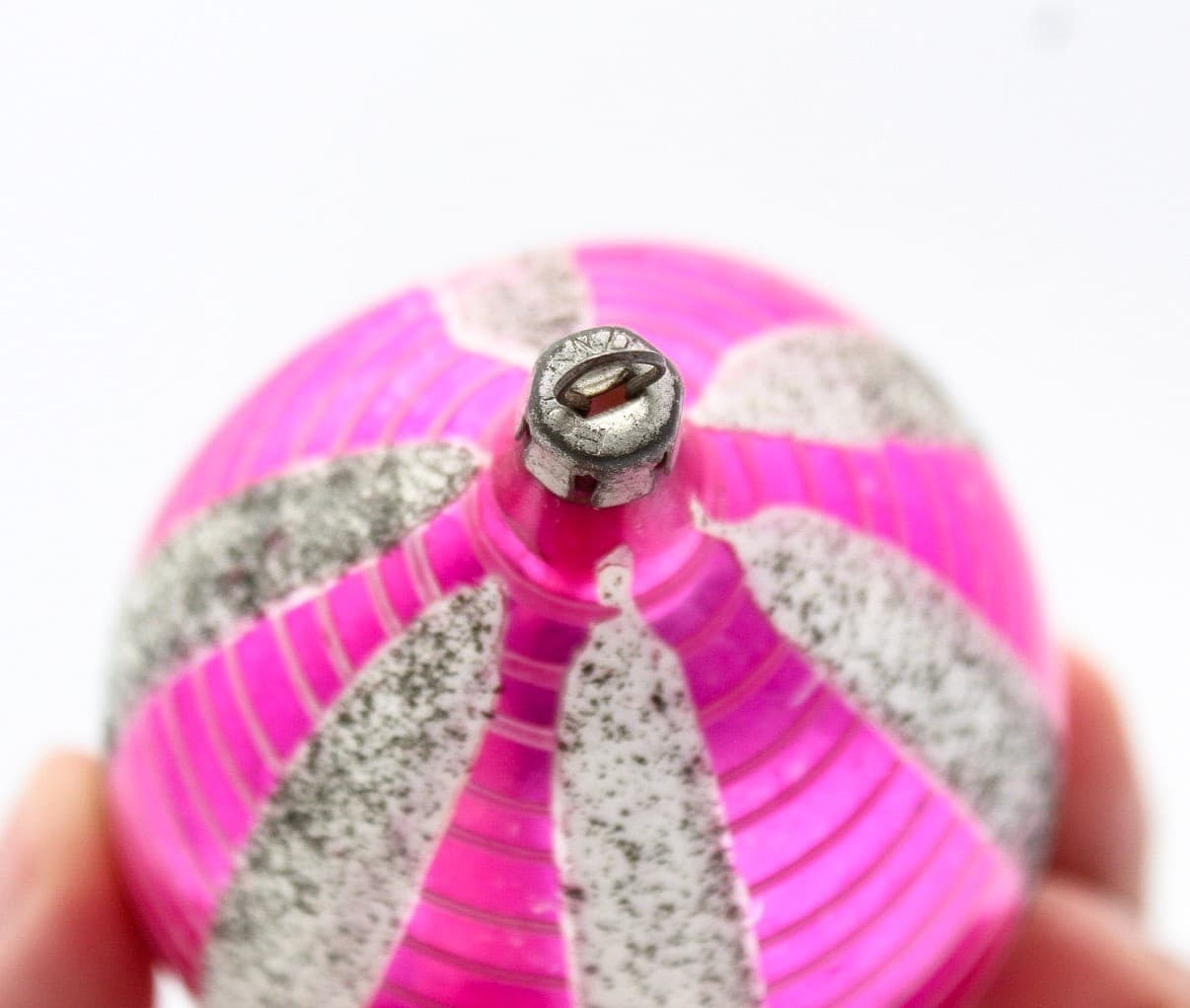 Vintage Poland Reflector Mica Pink Silver Teardrop Glass Christmas Ornament 4" - Thumbnail 5