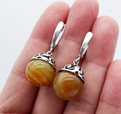 Vintage Sterling Silver Natural Gobi Eye Agate Drop Drangle Latch Clip Earrings - Thumbnail 6