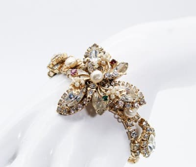 Vintage Gold Tone Multicolor Rhintestone Faux Seed Pearl Floral Bracelet - Thumbnail 2