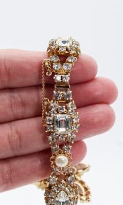 Vintage Gold Tone Multicolor Rhintestone Faux Seed Pearl Floral Bracelet - Thumbnail 8