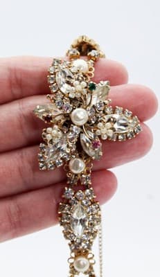 Vintage Gold Tone Multicolor Rhintestone Faux Seed Pearl Floral Bracelet - Thumbnail 7