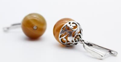 Vintage Sterling Silver Natural Gobi Eye Agate Drop Drangle Latch Clip Earrings - Thumbnail 4