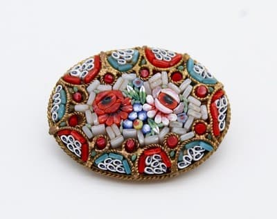 Antique Micro Mosaic Italy Venetian Pink & Red Floral Motif Oval Pin Brooch - Thumbnail 4