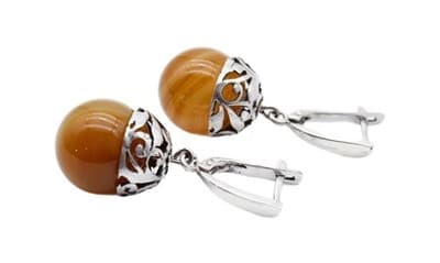 Vintage Sterling Silver Natural Gobi Eye Agate Drop Drangle Latch Clip Earrings - Image 1