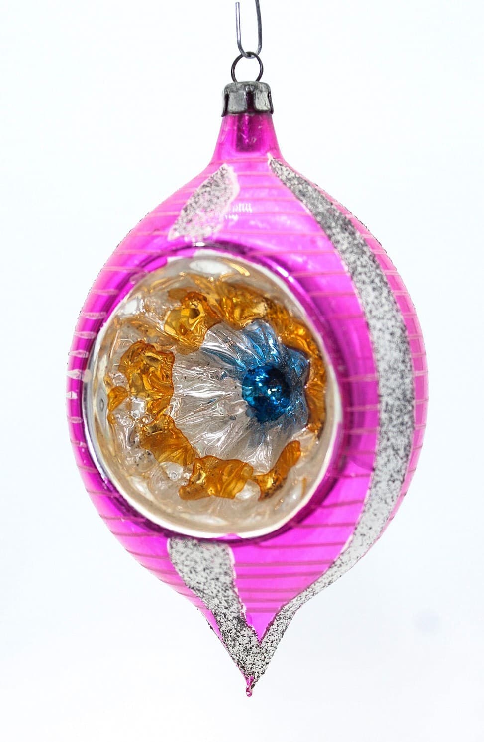 Vintage Poland Reflector Mica Pink Silver Teardrop Glass Christmas Ornament 4" - Thumbnail 8