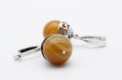 Vintage Sterling Silver Natural Gobi Eye Agate Drop Drangle Latch Clip Earrings - Thumbnail 3