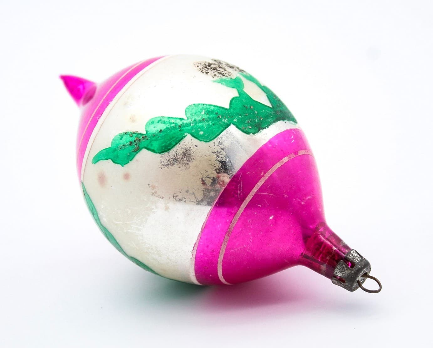 Poland Teardrop Pink Hand Painted Mica Pine Bought Glass Christmas Ornament Vtg - Thumbnail 2