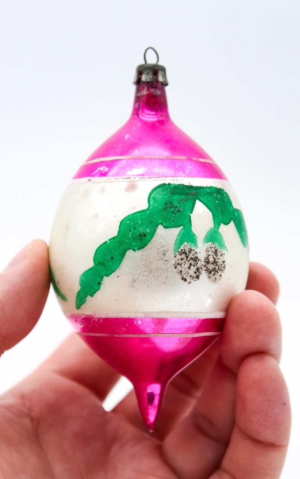 Poland Teardrop Pink Hand Painted Mica Pine Bought Glass Christmas Ornament Vtg - Thumbnail 5